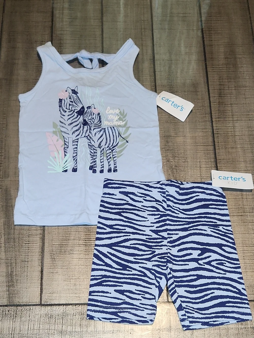 NWT Carter's Light Blue Zebra Tank with Navy Zebra Bike Shorts